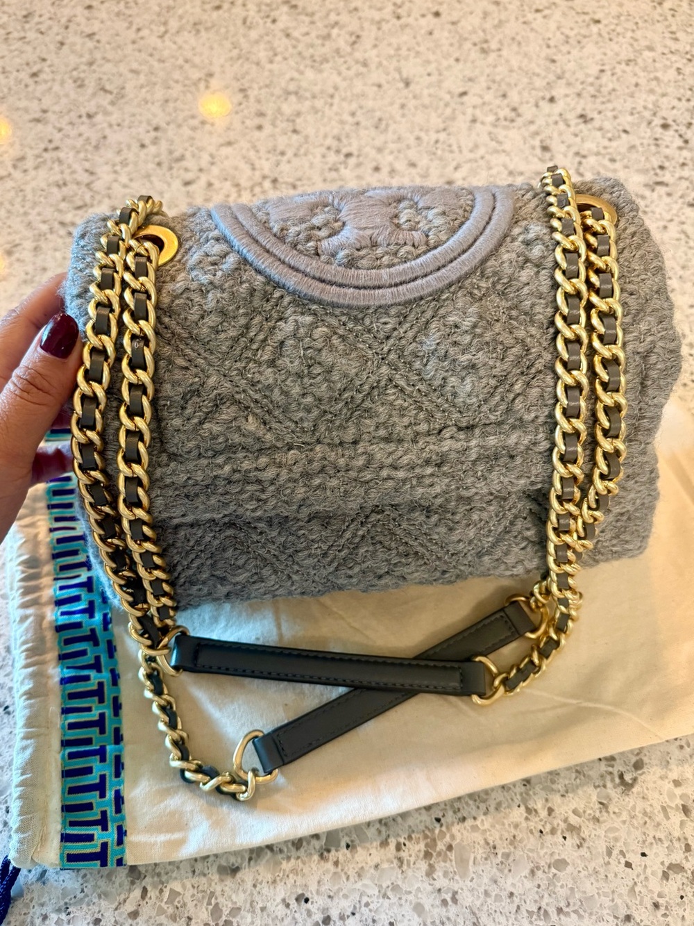 Tory Burch Gray Quilted Crossbody with Gold Chain